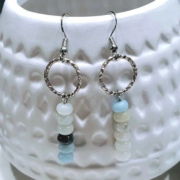Amazonite Gemstone Rondelle Beads Textured Silver Ring Handcrafted Earrings - Picture 1 of 11